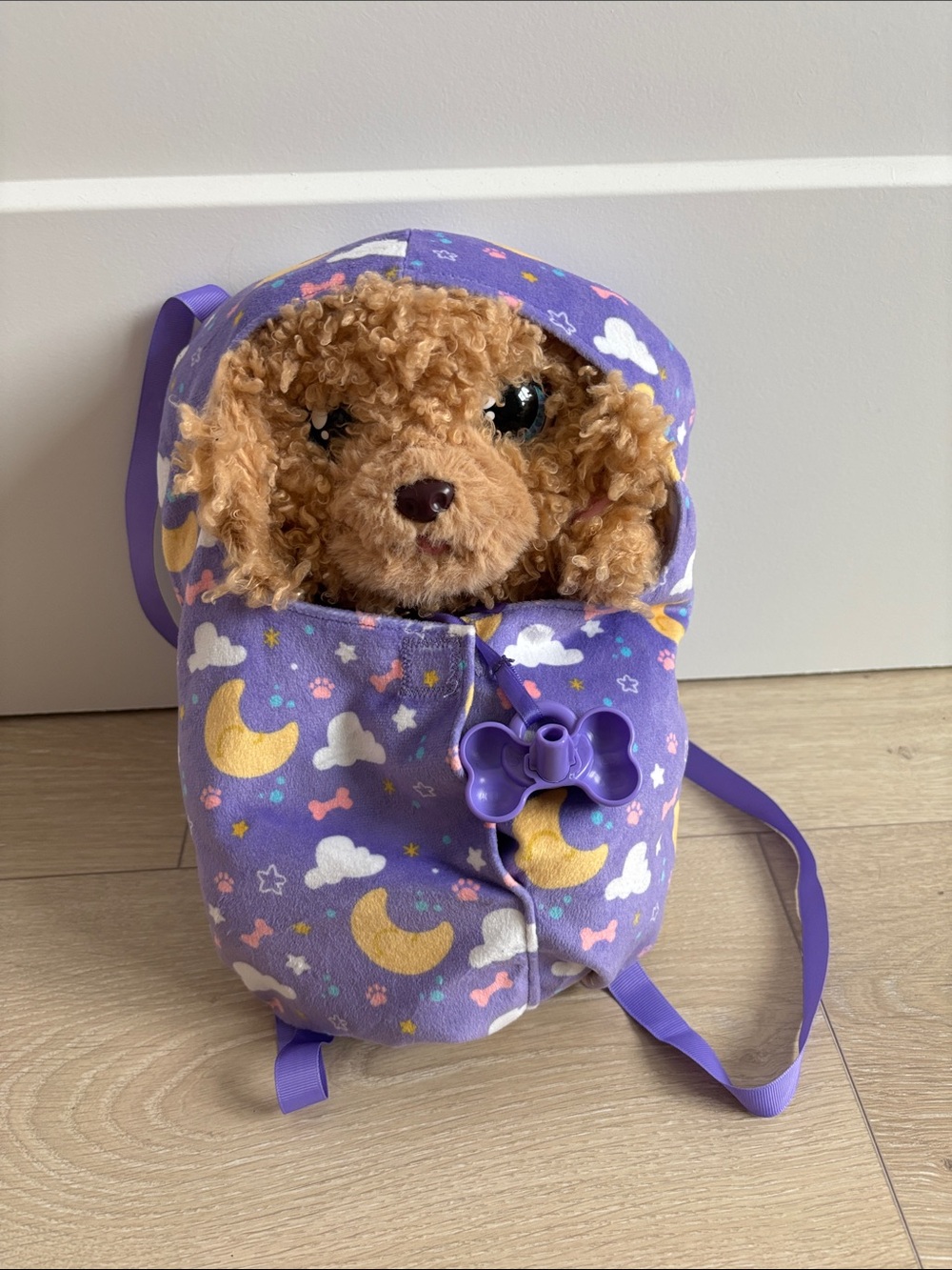 Plush Puppy in Purple Moon & Cloud Hooded Carrier